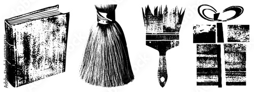 Vintage Book, Broom, Paintbrush, and Gift Box in Halftone Vector Set