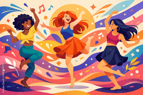 Women dancing freely in abstract space expressing joy confidence and liberation