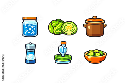 Kitchen setup for preparing pickles with salt, cabbage, and cooking pot on a simple white background