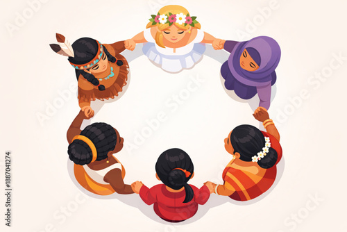 Women from diverse cultures holding hands in circular formation