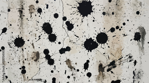 Abstract art background with black ink splatters and stains on white textured surface, creative messy design