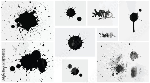 Collection of black ink splatters and paint drops on white background, various shapes and sizes
