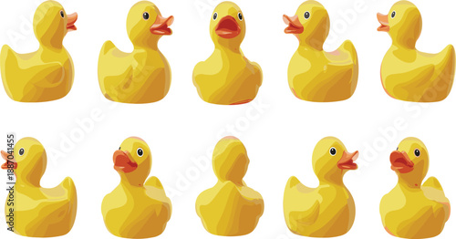 Set of yellow rubber ducks in multiple angles, cute bath toy collection isolated on white background for design mockups