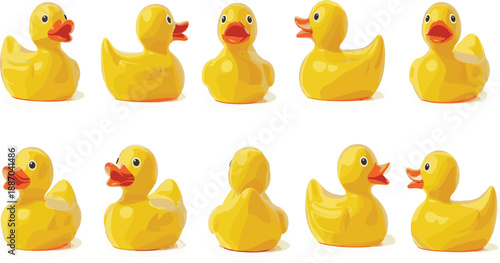 Set of yellow rubber ducks in multiple angles, cute bath toy collection isolated on white background for design mockups