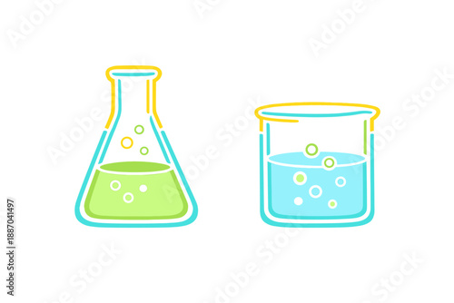 Green and blue liquids are shown in a flask and a beaker on a white background in a science setting