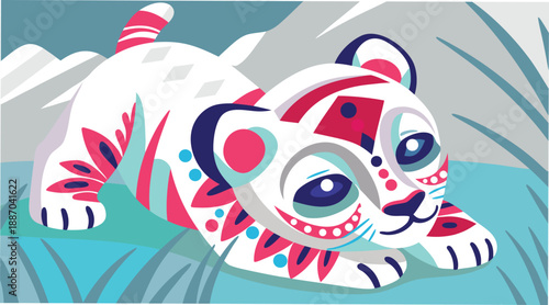 A Lion Cub Vector Illustration, a Cub Playing on Ground, Pet. Cub with colorful vector cartoonish art design