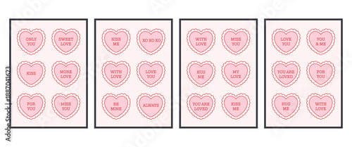 Cute Valentines Day posters with outline hearts with romantic messages. Hearts with love inscriptions. Flat vector illustration