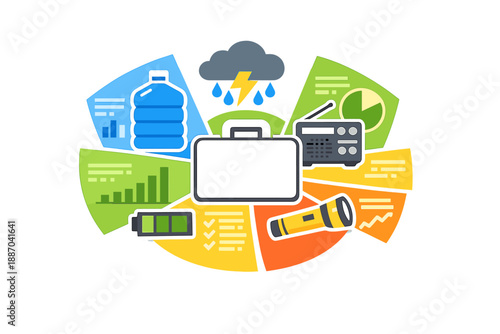 Emergency preparedness kit design with various items and symbols showing important resources for disaster situations