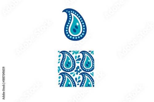 Pattern design showing a teardrop shape with blue colors and decorative elements, placed above a repeating pattern of similar teardrop shapes with a floral background