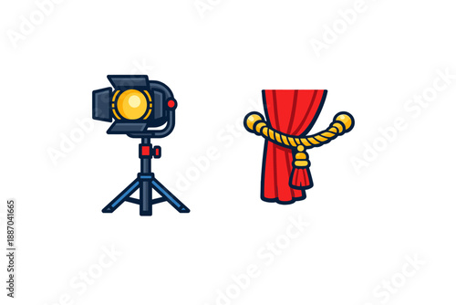 Lighting and curtains in a theater setup for a performance at an event with preparations happening during the evening