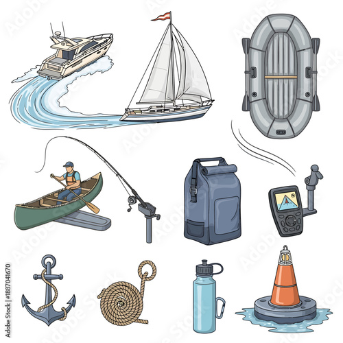 Sailing and Boating Equipment Icon Set – Yacht, Kayak, GPS, Anchor, Inflatable Raft, Fishing Rod and Ocean Safety Gear

