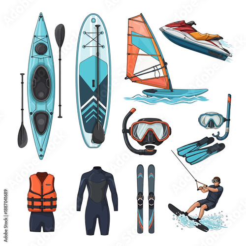 Paddleboard and Snorkeling Equipment Icons – Kayak, Windsurf, Snorkel, Life Vest, Oars and Watersport Gear Vector Set

