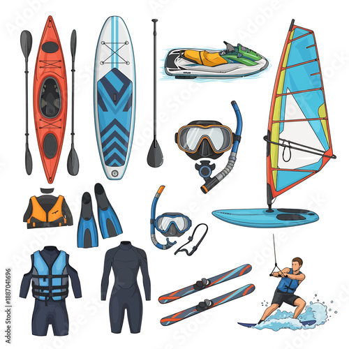 Paddleboard and Snorkeling Equipment Icons – Kayak, Windsurf, Snorkel, Life Vest, Oars and Watersport Gear Vector Set

