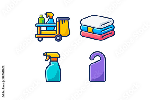 Cleaning supplies and towels on a cart ready for use in a hotel housekeeping setting during the day