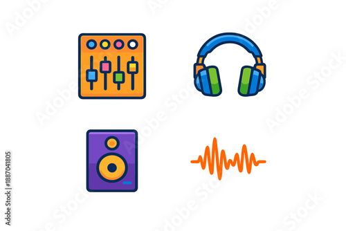 Music equipment for sound mixing and listening found in a music studio setting with various tools used for sound production and audio recording