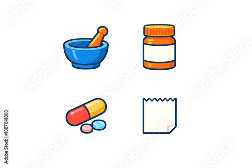 Different items related to medicine and health in a simple design showing a mortar and pestle, a pill bottle, capsules, and a blank prescription pad