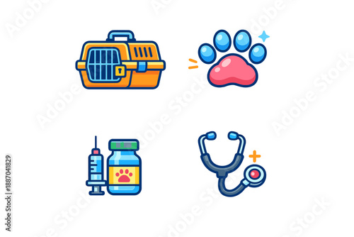 Images show pet care items including a pet carrier, paw print, syringe, medicine bottle, and stethoscope in a simple layout