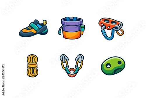 Equipment for rock climbing includes shoes, chalk bag, belay device, rope, carabiners, and climbing holds in a simple layout
