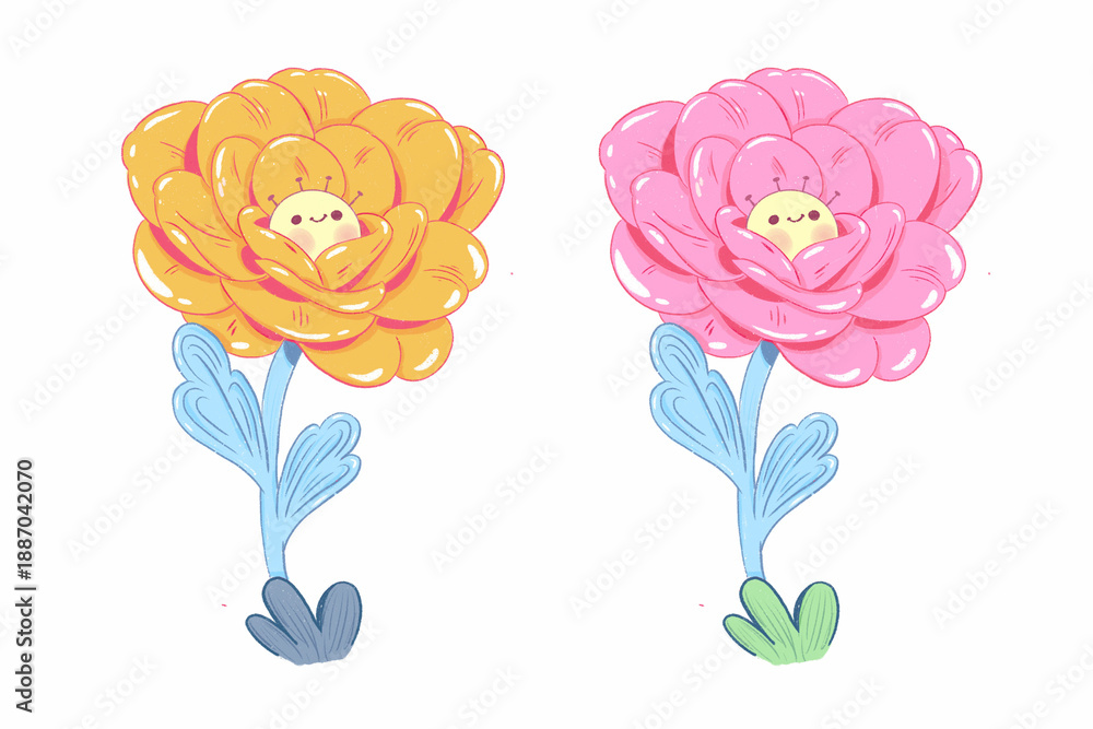 Fototapeta premium Cute kawaii flower character illustration set for stickers, planners, children branding and playful design projects
