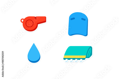 Items used for swimming training at a pool including a whistle, swim cap, water droplet, and pool mat