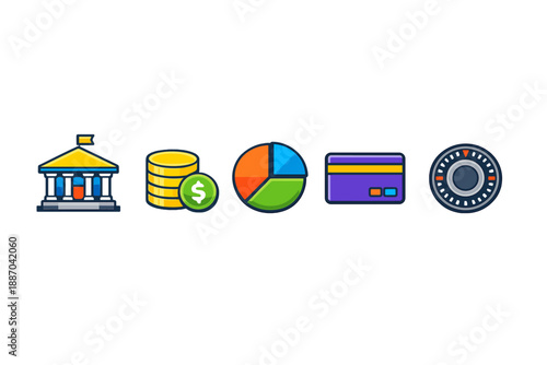 Various financial symbols representing banking, currency, charts, credit cards, and safes in a simple layout