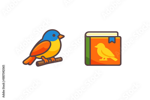 Colorful bird sitting on a branch next to a book with a bird illustration in a simple style during a sunny day