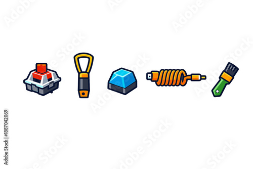 Various tools displaying different shapes and colors for creative projects located on a white background in a simple arrangement during daytime