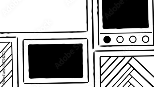 Black and white abstract layout featuring various framed shapes and empty spaces offers ample room for text insertion.