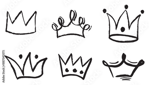 Set of spray painted crowns. Black brush paint king crown drip symbol isolated on white background. Graffiti grunge airbrush drawing, ink elements with splashes. Hand drawn street art vector illustrat