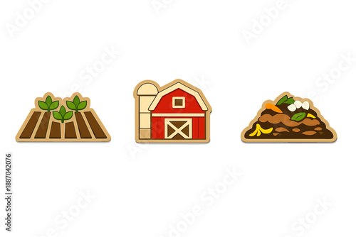 Farm scenes showing crops in rows, a red barn, and a pile of compost with organic matter taken during daylight hours