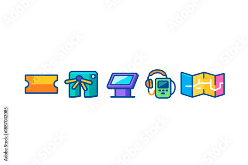 Symbols for travel and exploration tools including ticket, control panel, display screen, audio device, and map shown on a white background