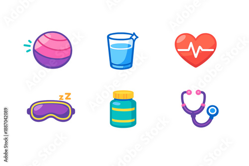 Variety of icons representing health, wellness, and daily activities, displayed in bright colors on a simple background with clear outlines