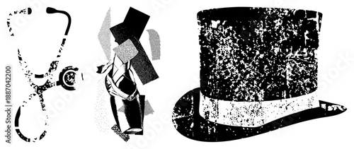 Vintage Medical Stethoscope, Businessman in Suit, and Top Hat Silhouettes