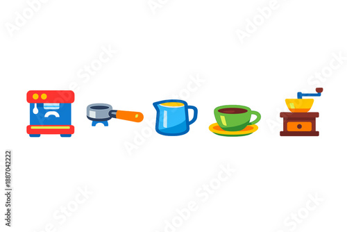 Different tools and items used for making coffee are arranged in a line showing the process from grinding beans to serving coffee in a cup