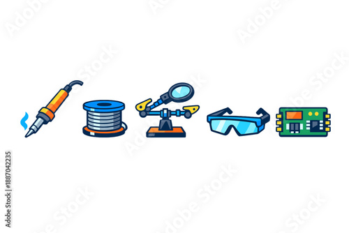 Tools for electronics soldering and assembly in a workspace setting focusing on safety and precision