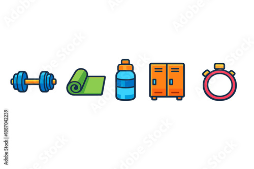 Fitness equipment is lined up in a gym setting showing weights, a mat, a water bottle, lockers, and a timer for training sessions during the day