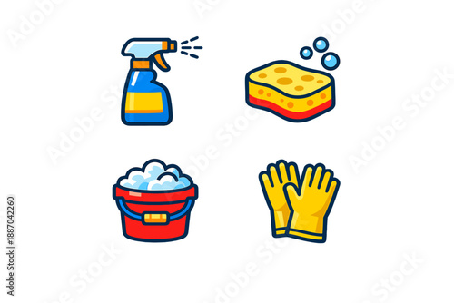 Cleaning supplies are present in a simple arrangement showing a spray bottle, sponge, bucket, and gloves ready for cleaning tasks indoors