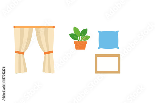 Simple home decor setup with light curtains, a plant, a cushion, and an empty picture frame in a living room or interior space during daytime