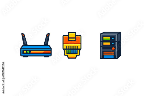 Different types of network devices shown in a simple design with clear outlines and bright colors depicting their basic form and function