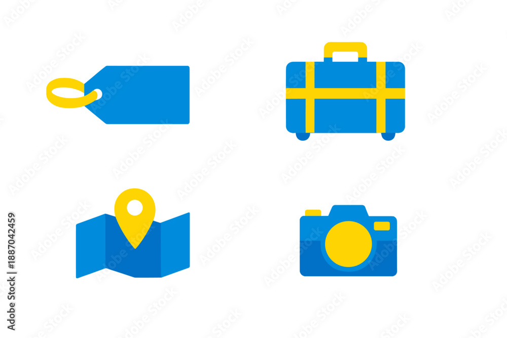 Fototapeta premium Various travel symbols showing a tag, suitcase, map, and camera on a plain background representing travel planning and exploration