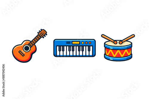 Colorful instruments displayed in a row show a guitar, keyboard, and drum ready for music making during a fun jam session