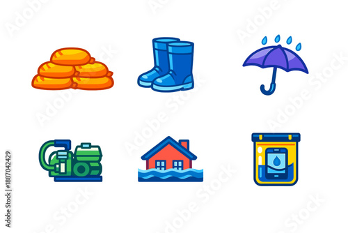 Flood preparedness items include coins, rubber boots, umbrellas, generators, flooded house, and water testing kit for safe living in rainy seasons