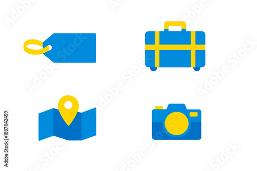 Various travel symbols showing a tag, suitcase, map, and camera on a plain background representing travel planning and exploration