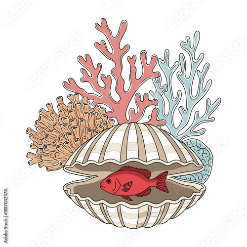 Vibrant red fish inside clamshell with coral