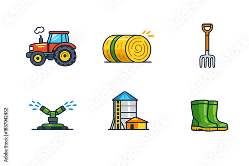 Tractor and farming tools with silos, bales, and watering system in a rural farming setting