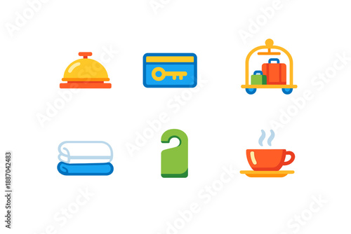 Hotel check-in symbols showing items like key cards, luggage, towels, door hangers, and coffee during a typical guest arrival time