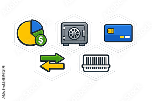 Icons showing various financial concepts including savings, transactions, and data representation captured in a simple design for educational use