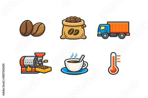 Different stages of coffee production and preparation shown with various icons featuring coffee beans, a truck for delivery, a coffee maker, and a cup of brewed coffee