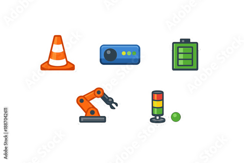 Construction and robotics equipment icons showing various tools used in modern technology settings at a work site or factory