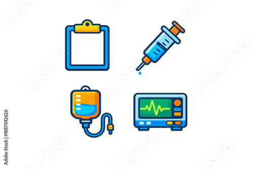 Medical equipment used in healthcare settings including clipboard, syringe, IV bag, and monitor at a hospital during working hours